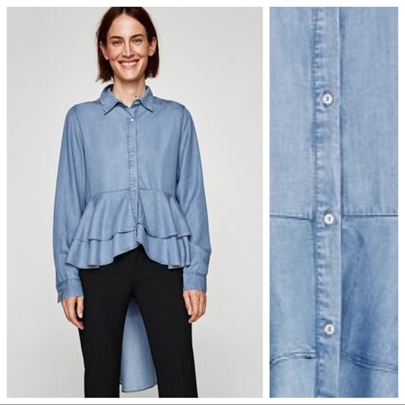 NWT Zara Blue Washed Denim Longline Shirt Size S - Picture 5 of 8